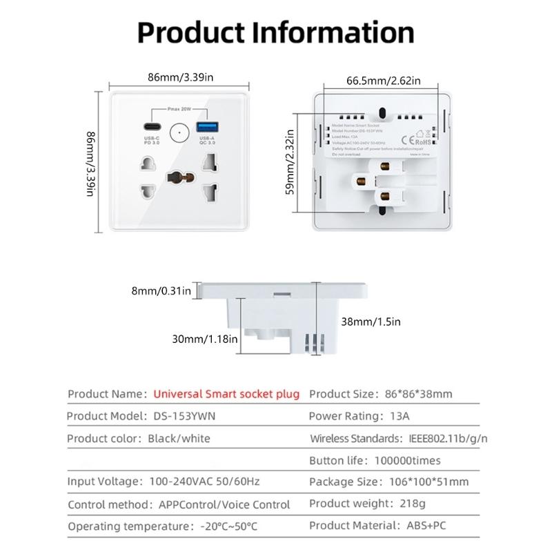 WiFi Universal Wall Socket Multifunction Power Plug Socket USB Charging AC100V-240 Intelligent Wall Outlet Switches