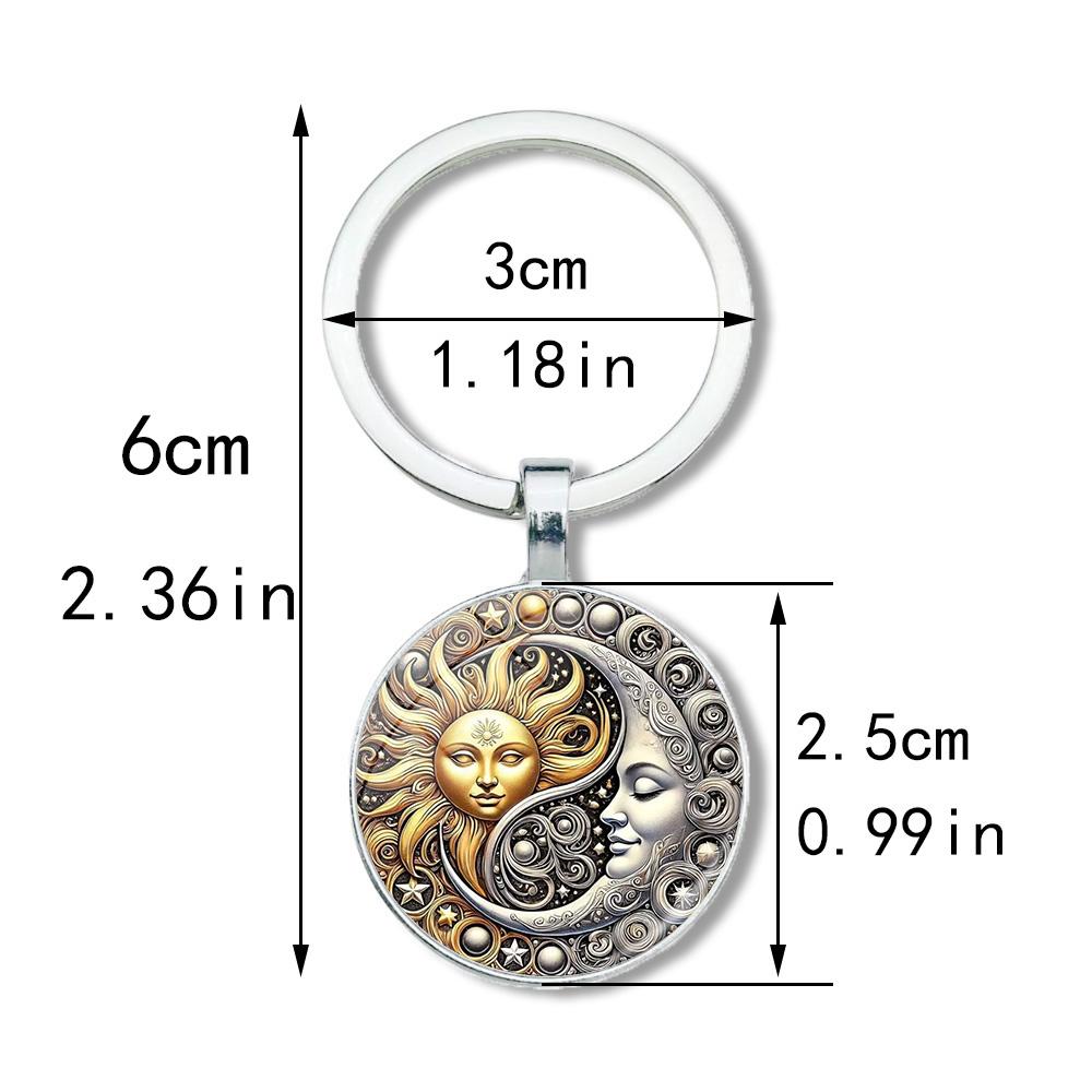 Vintage Sun Moon Keychain Metal and Glass Circular Key Pendant, Men's and Women's Charter Decoration Anniversary Birthday Gift