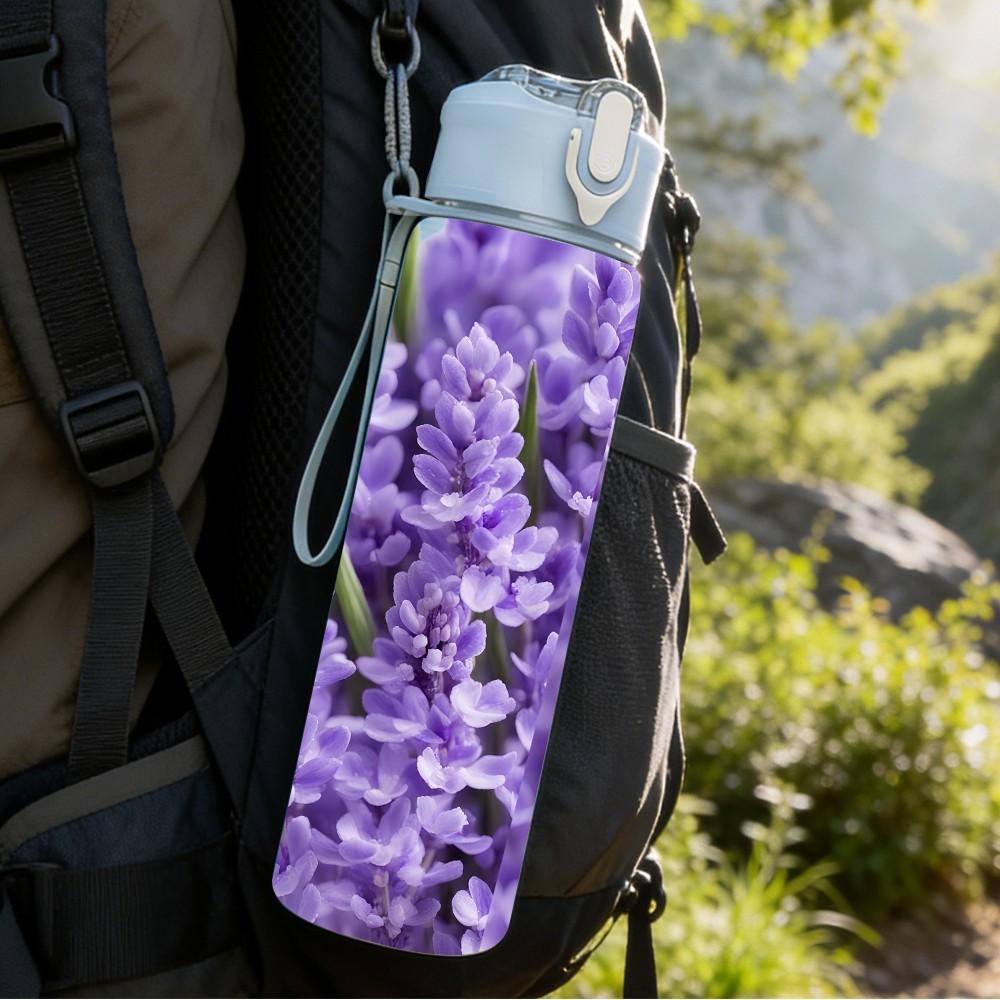 1PC Dense Purple Lavender Field Print 750ml Color Plastic Sports Water Bottle Leakproof Flip Straw Lid Suitable for Sports Office Home Use