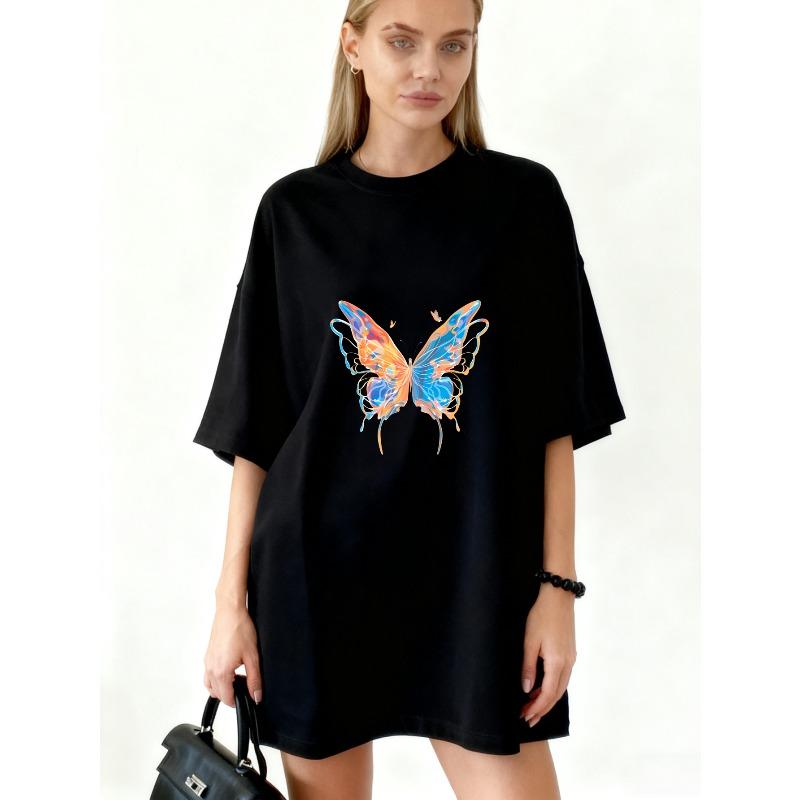 Übergroßes T-Shirt-Kleid Schwarz Bunter Schmetterlingsdruck Lässige Kleidung Für Frauen Sommer-Outfit Streetwear Mode Trendiger Look