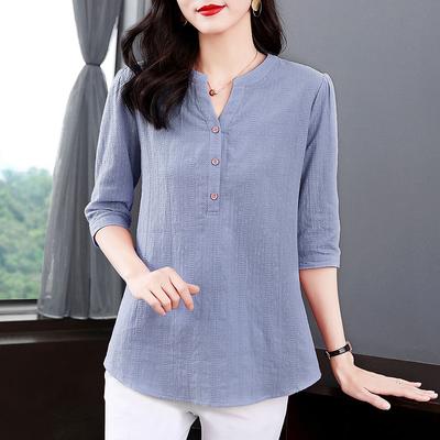 Camicia Estiva di Cotone Largo da Donna Manica a Metà Top Casual alla Moda Donna Tinta Unita Versatile Pullover Blusa