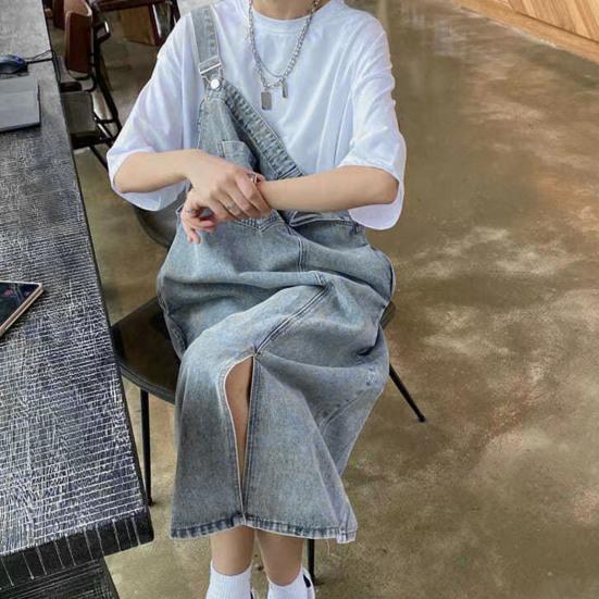 Robe en jean à bretelles sans col, ample, dos nu, sans manches, poches latérales, ourlet fendu, couleur unie, bandoulière réglable, robe mi-longue pour étudiante