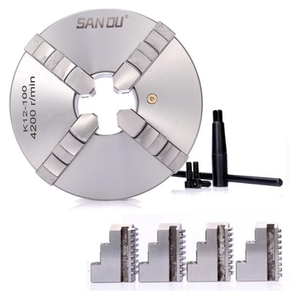 K12-100 SANOU 100mm Lathe Chuck  4 Jaw Self-centering Chuck Hardened Reversible Tool Silver New