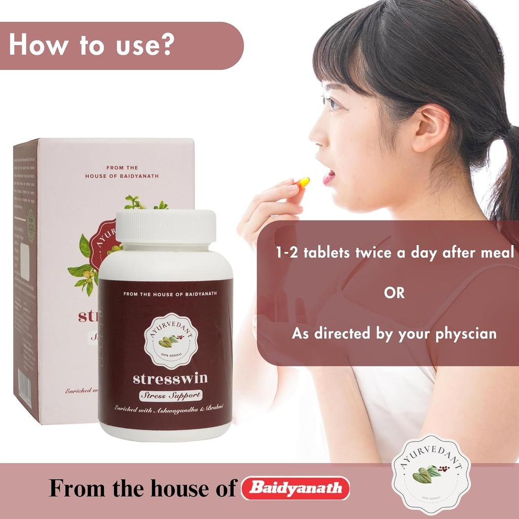 Baidyanath Ayurvedant Stresswin Capsules For Stress Support & Mental Stamina | Withanolides 5% & Saponin 20% | 60 Caps + 8 g Free Toothpaste