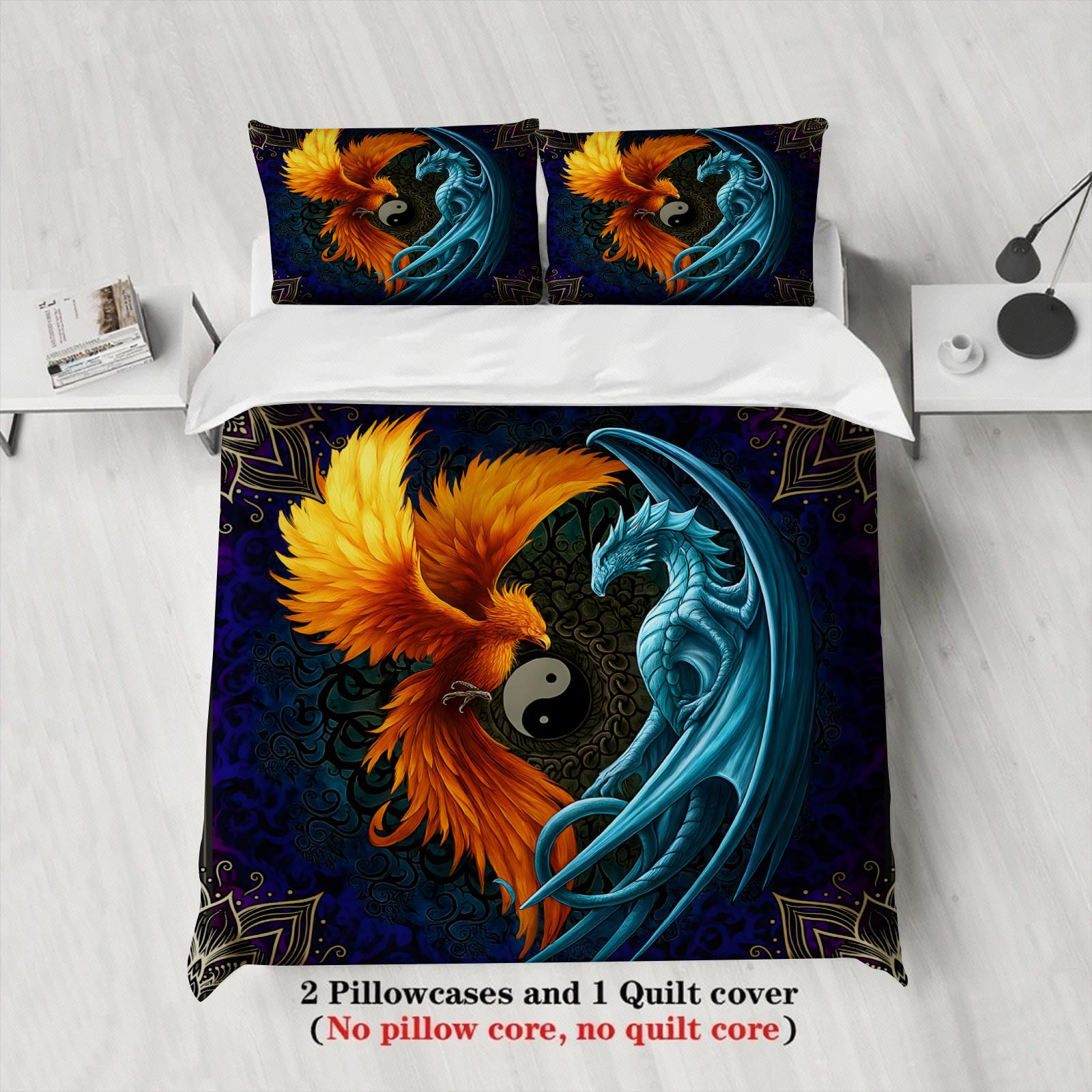 

Duvet Cover Set Fantasy Fire Phoenix Ice Dragon 2 Pillowcases for Gaming Room Yin Yang Mythical Creature Decor Bedding Set Twin 135x200cm