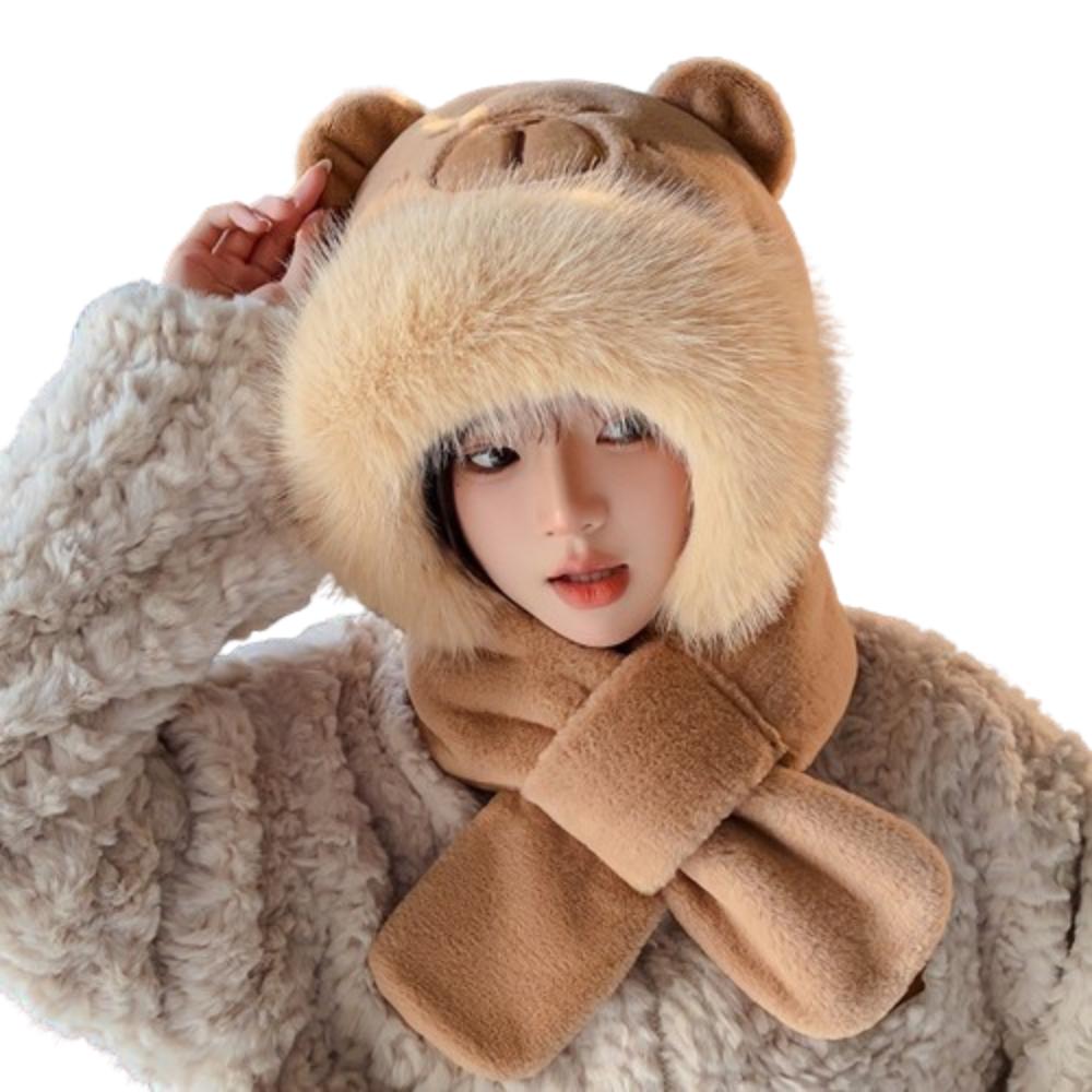 Panda Capybara Hat Scarf Set 3 in 1 Cartoon Plush Hat Earmuff Scarf Hat Glove for Women  Lady