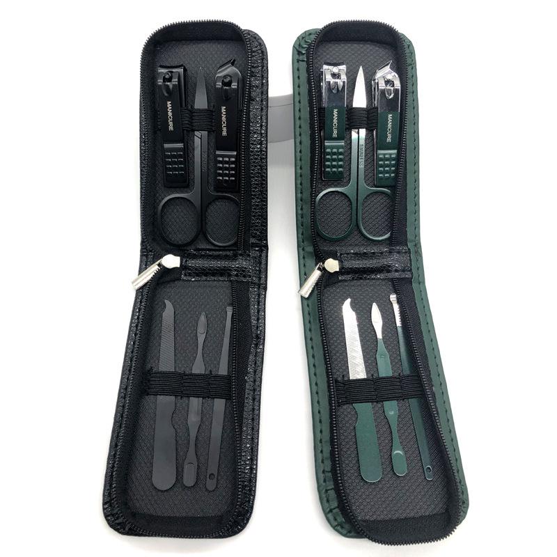 6-delers negleklippersett med skrå kant og mørkegrønn glidelåspose - Holdbare og bærbare manikyrverktøy