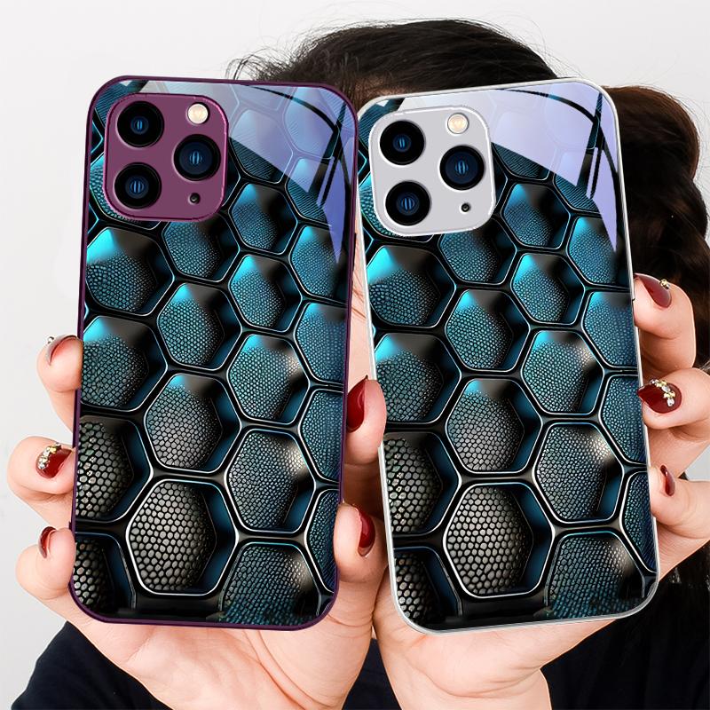 Blue Gradient Grid For IPhone 16 Plus 15 14 13 12 Mini 11 Pro Max X XS XR 7 8 Plus 2022 Tempered Glass Phone Case