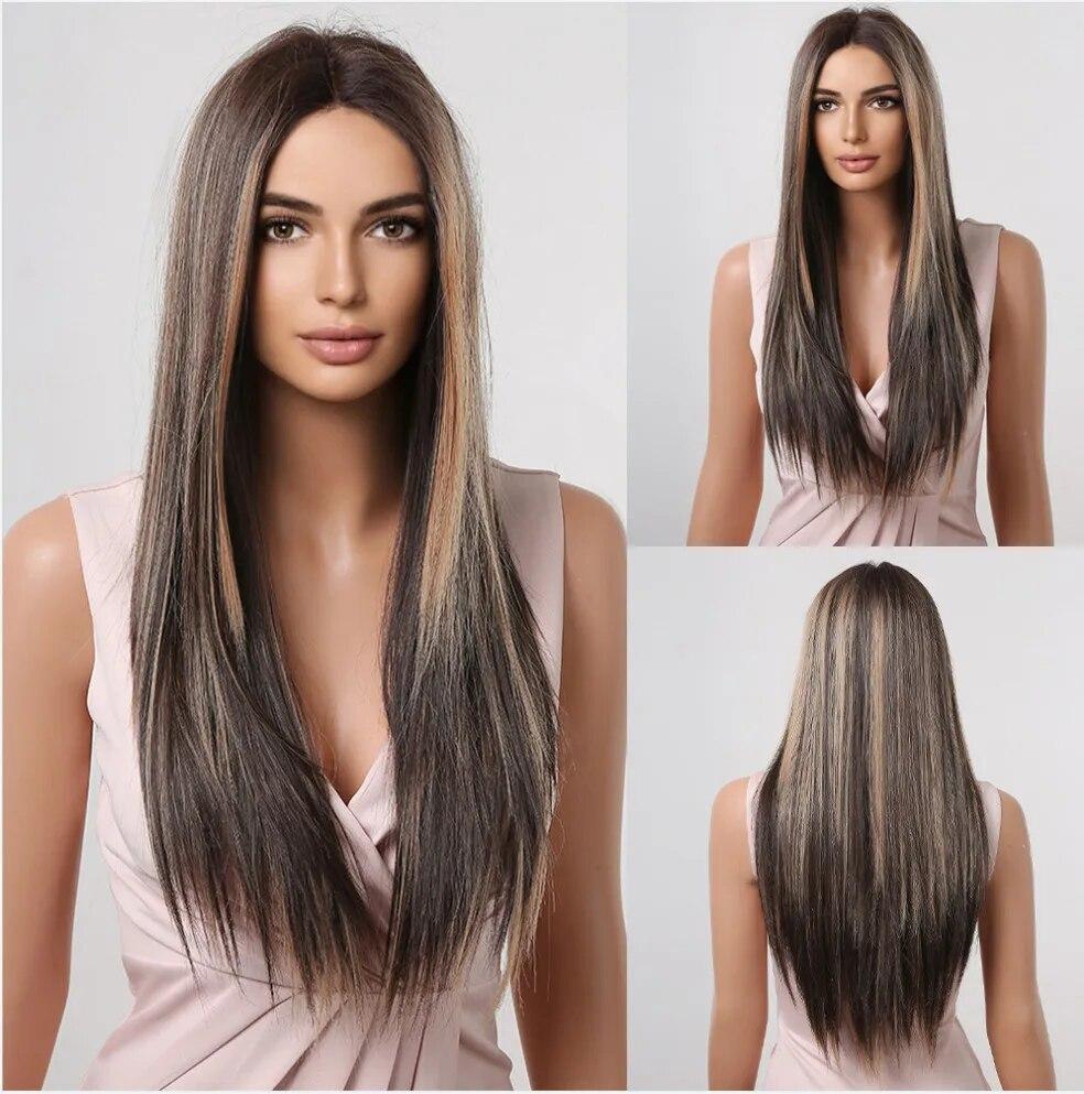 ALAN EATON Hellbraune gerade Lace-Front-Perücken, Mittelscheitel, Ombre-Blonde Spitze, synthetische Perücke, natürlicher Haaransatz, hitzebeständig
