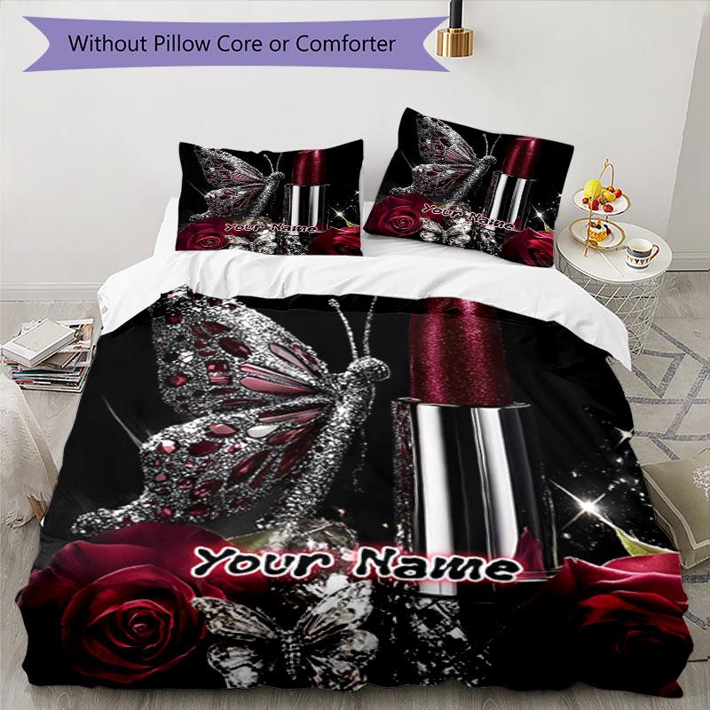 3PC Custom Name Glamorous Butterfly Roses Bedding Set Printed Bedding Set Duvet Cover Closure Includes 1 Duvet Cover & 2 Pillowcases for All Seasons B