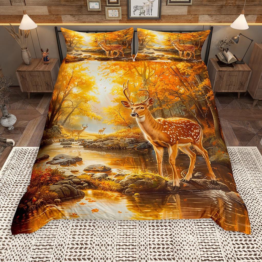 Homewish Rustikales Bauernhaus Lodge Hütte Bettbezug Set, Wildbär Hirsch Bettbezug Set, Waldtier Bettwäsche Set