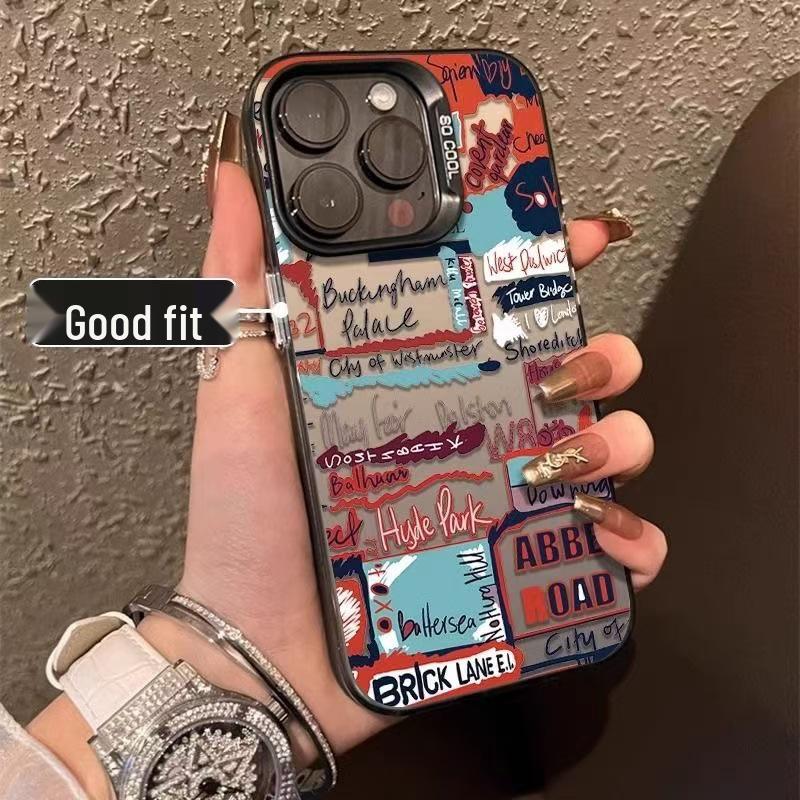 Custodia per iPhone 15Pro/16Pro con Mela Graffiti Inglese - Stile Europeo e Americano