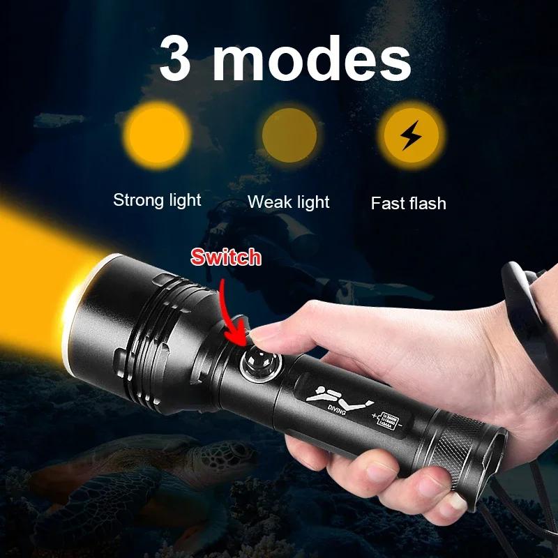 High Power XHP70 Led Diving Flashlight Professional Dive Lantern IPX8 Waterproof Underwater Torch Fishing Lamp with Hand Rope