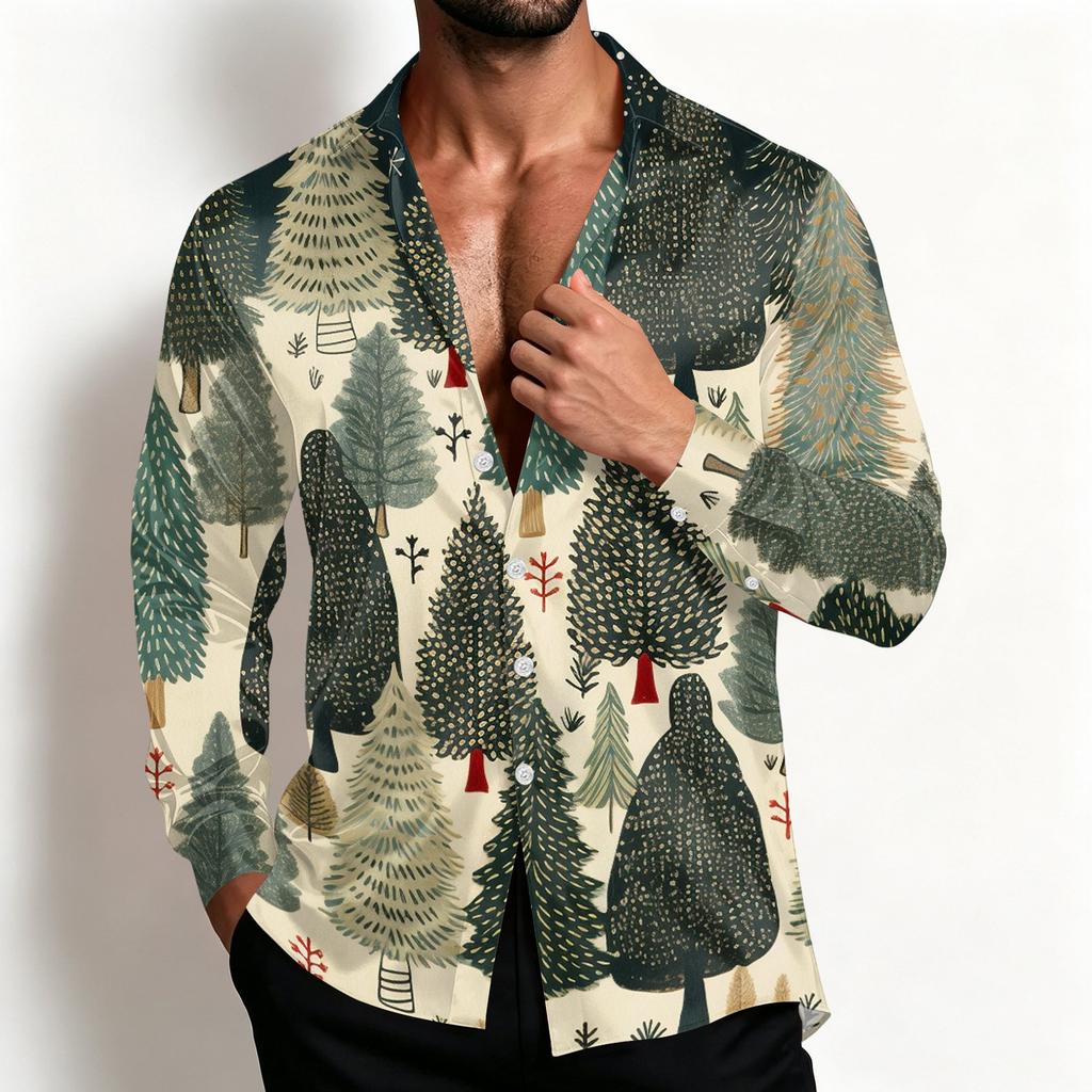 Men's Casual Christmas Shirt Jacket with Turn-Down Collar, Loose Fit, Breathable for Spring and Fall