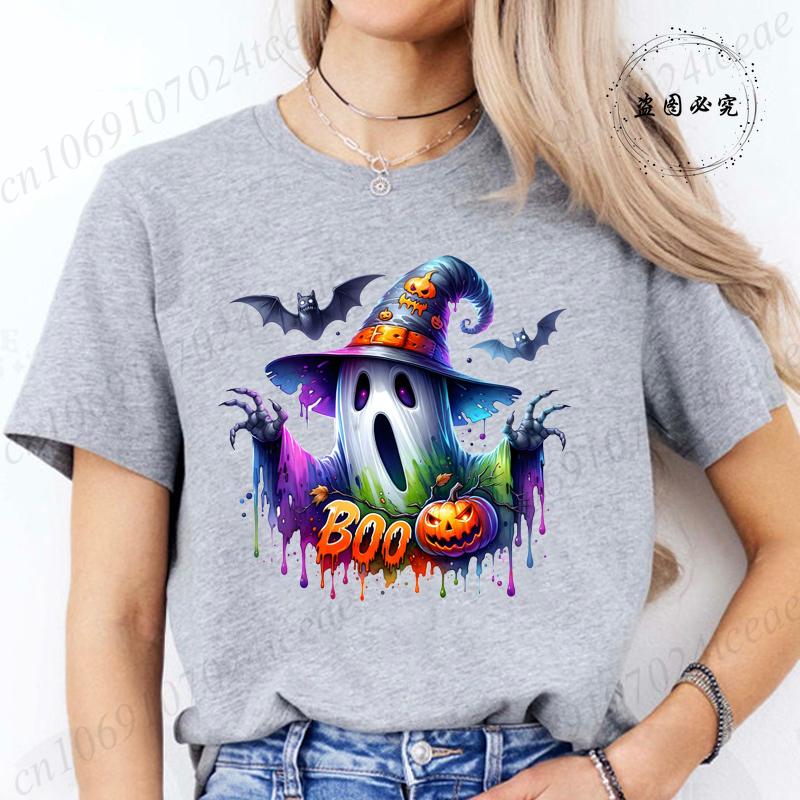Women Cute Spooky Witch Print T Shirt Graphic Harajuku Streewear Halloween Horror Graphic Tee Clothes Causal Female Y2K Tops Tee