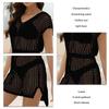 Women Crochet Beach Cover Up Hollow Out Short Sleeve Drawstring Waist Knitted Swimwear Cover Up Black S