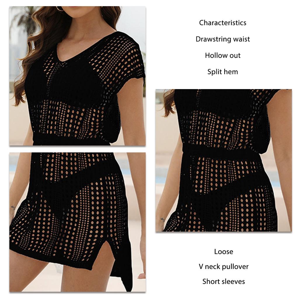 Women Crochet Beach Cover Up Hollow Out Short Sleeve Drawstring Waist Knitted Swimwear Cover Up Black S