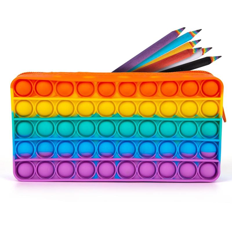 Toys Rainbow Push Bubble Pencil Case Silicone Stationery Storage Bag ADHD Sensory Fidget For Decompression Gifts Kids Boys Girls