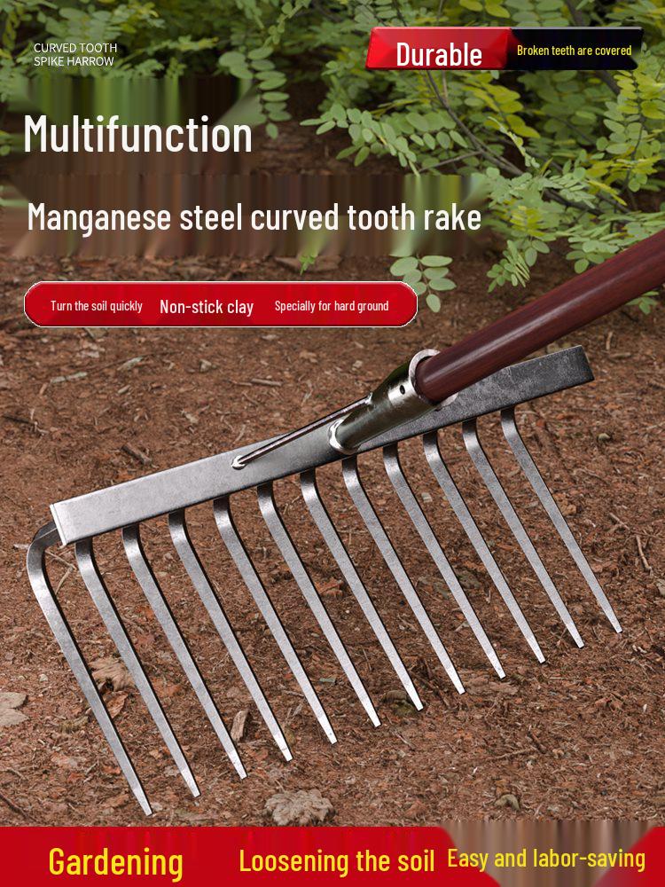 Nine-Tooth Manganese Steel Rake: Soil Loosening, Grass Raking, Weeding, and Hoeflatting Agricultural Tool.