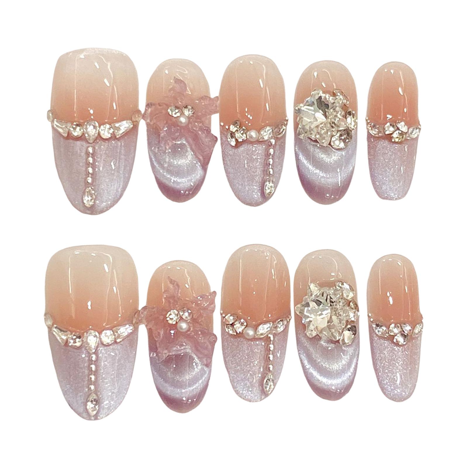 10Pcs Oval Purple Cat Eye French Fake Nails With Rhinestone And Ice Flower Design Handmade XS фиолетовый