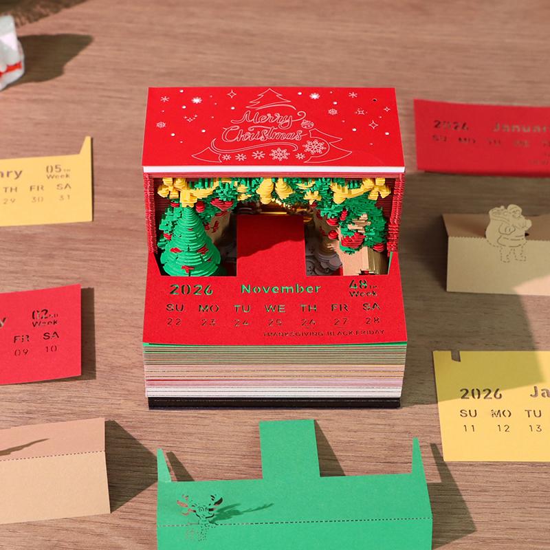 Time Piece Calendar 2026 Desk Calendar With Led Light 3D Tear-Away Calendar Paper Carving Art Memo Pad Notepad Gift Christmas