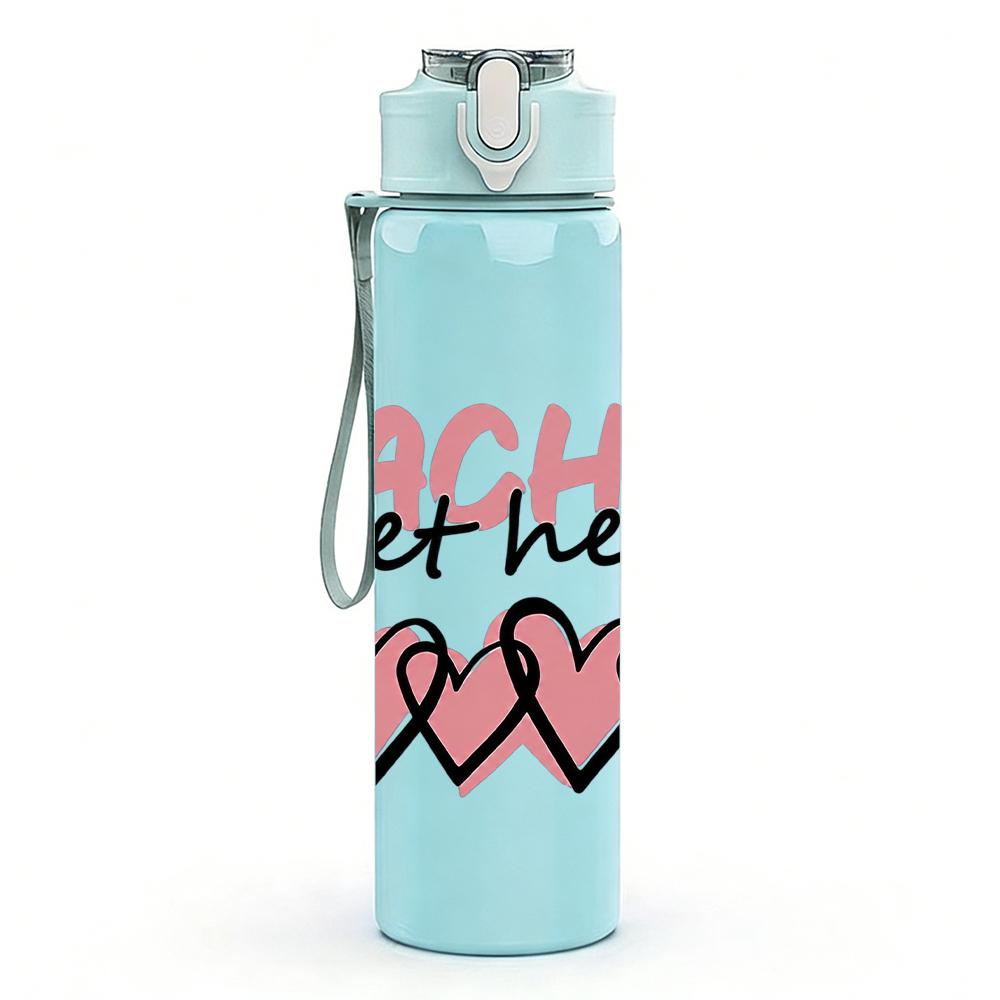 1PC Teaching Sweethearts Pink Heart Text Graphic,750ml Color Plastic Sports Water Bottle,Leakproof Flip Straw Lid,Suitable for Sports Office Home Use