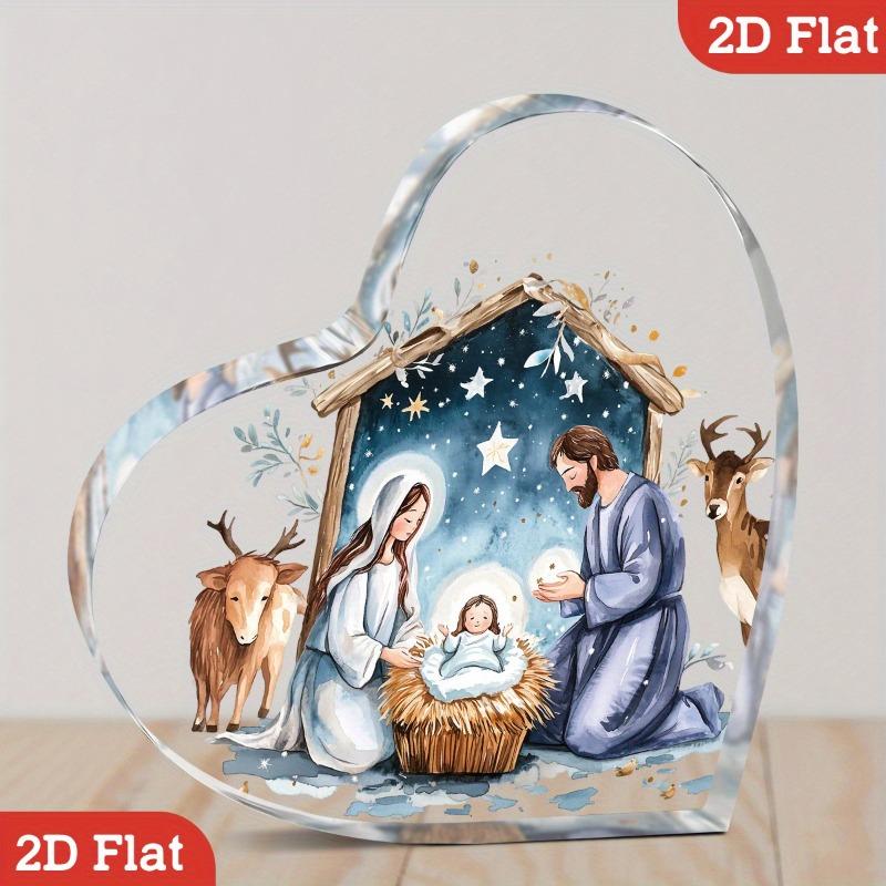 2D Flat Heart-Shaped "Nativity Scene" Acrylic Desktop Decoration, Shepherds & Lambs, Suitable for Wall Decoration, Porch, Room, Villa, Accents Home, H