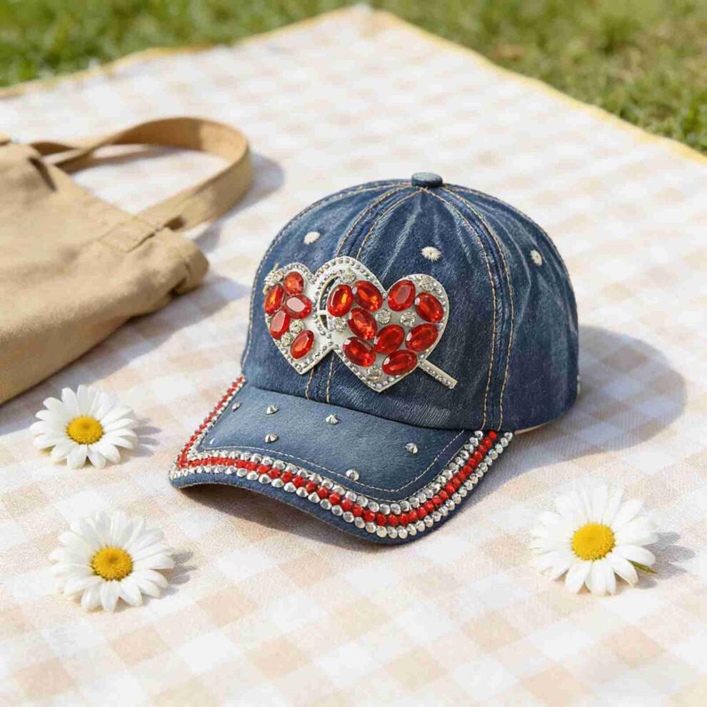 (M, Blue) Denim Baseball Cap Rhinestone Heart Low Profile Hat Trendy Adjustable Sun Hats for Men Women