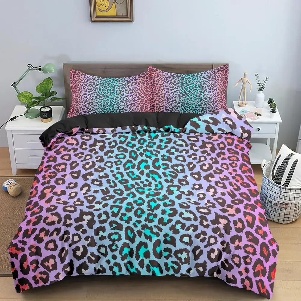 Leopardtryck påslakanset Rainbow Leopard 3D Print King Queen Size Täckefodral för barn Flickor Presenter Polyester påslakan