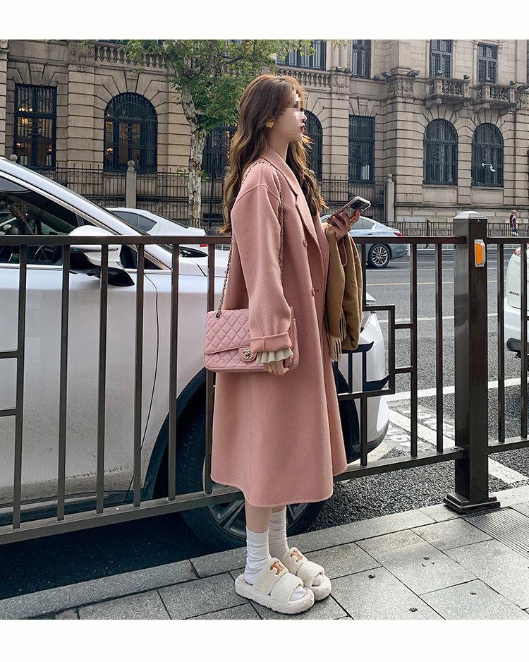 Women's Pink Woolen Coat, 2025 Autumn/Winter Korean Hepburn Style, Loose Mid-Length