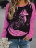 Women's 2024 Sleeves Stitching Fox Print Round Neck Long Sleeve Party Autumn Casual Pullover 3d Printing Casual Fashion Tops
