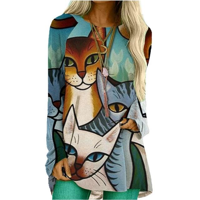 Cartoon Katzen Auf Die Baum Drucken T-shirt Langarm Frauen Tops Plus Größe Casual T-shirts 2XL 3XL Runde Beck Lose shirts Femme