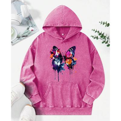 Bunte Schmetterlingsillustration Bedruckter Gewaschener Hoodie Lockerer Streetwear Kreativitäts-Hoodie Street Mehrfarbig Damen Hoodies