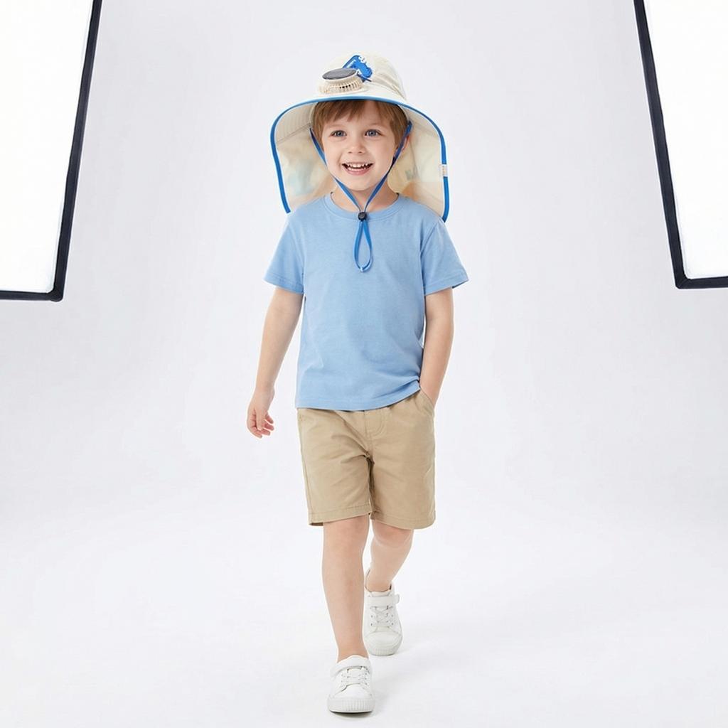 Children Solar Powered Fan Hat Neck Flap Sun Protection Cap with SPF50 Plus Breathable Mesh and Adjustable Chin Strap for Outdoor Use