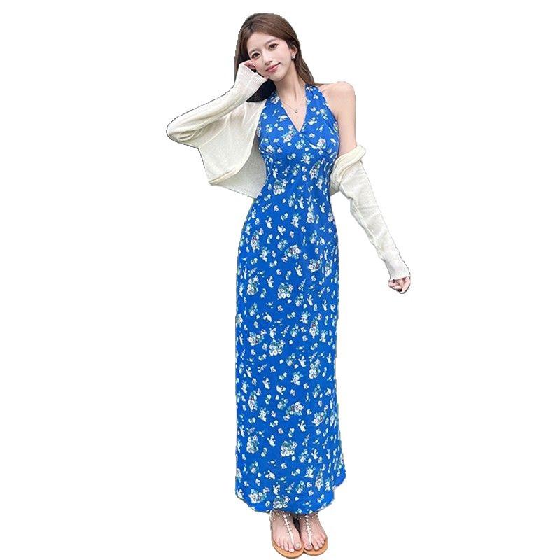 French Blue Neck Sling Floral Dress for Children's Summer New Small Temperament Waist Dress