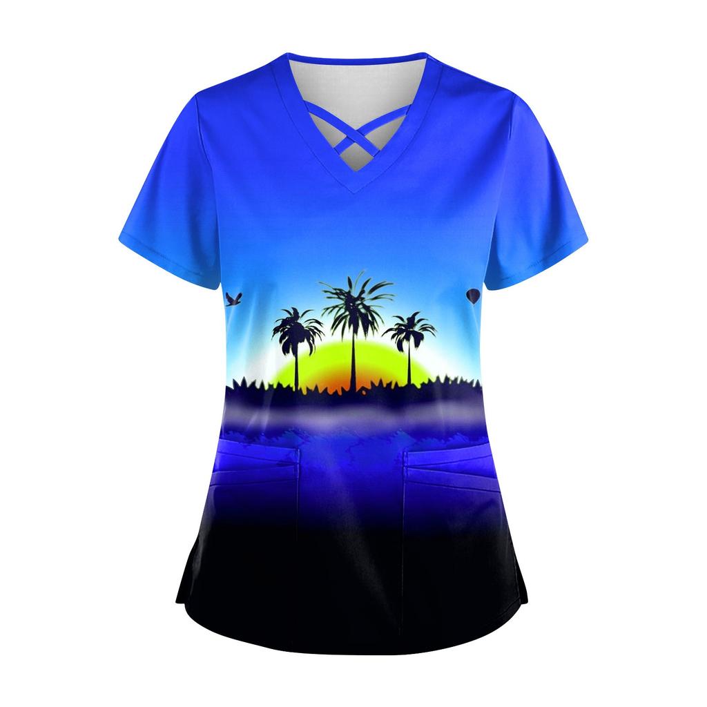 Women's Hawaii Printed Uniform Work Uniform V-Neck Pocket Protective Work Uniform