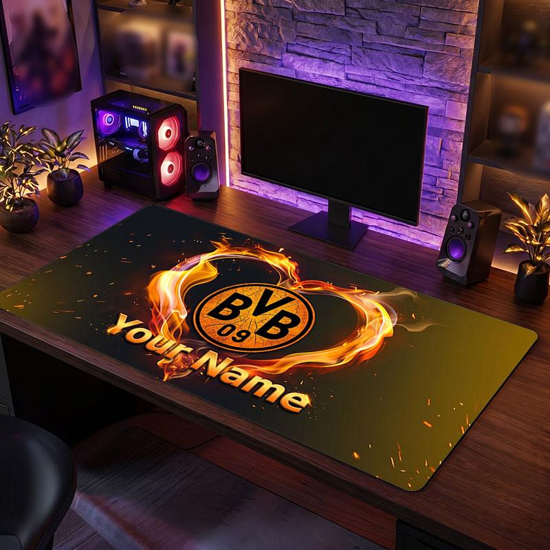 Tappetino per Mouse Grande Personalizzato Borussia Dortmund, Stampa Testo Nome Personalizzato, Tappetino da Scrivania Antiscivolo con Logo Calcio, Regalo per Gamer