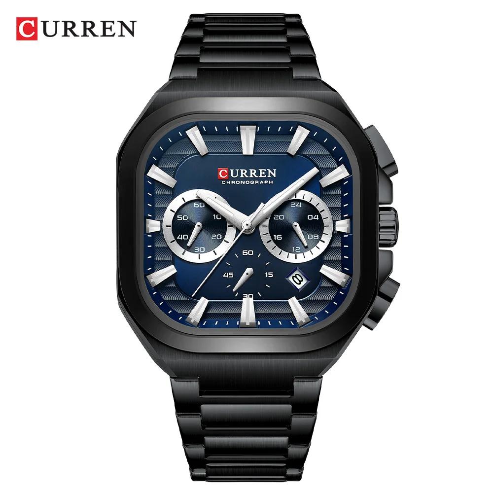 Mens Square Chronograph Watches Stainless Steel Wrist Watch with Date Luminous Hands Waterproof