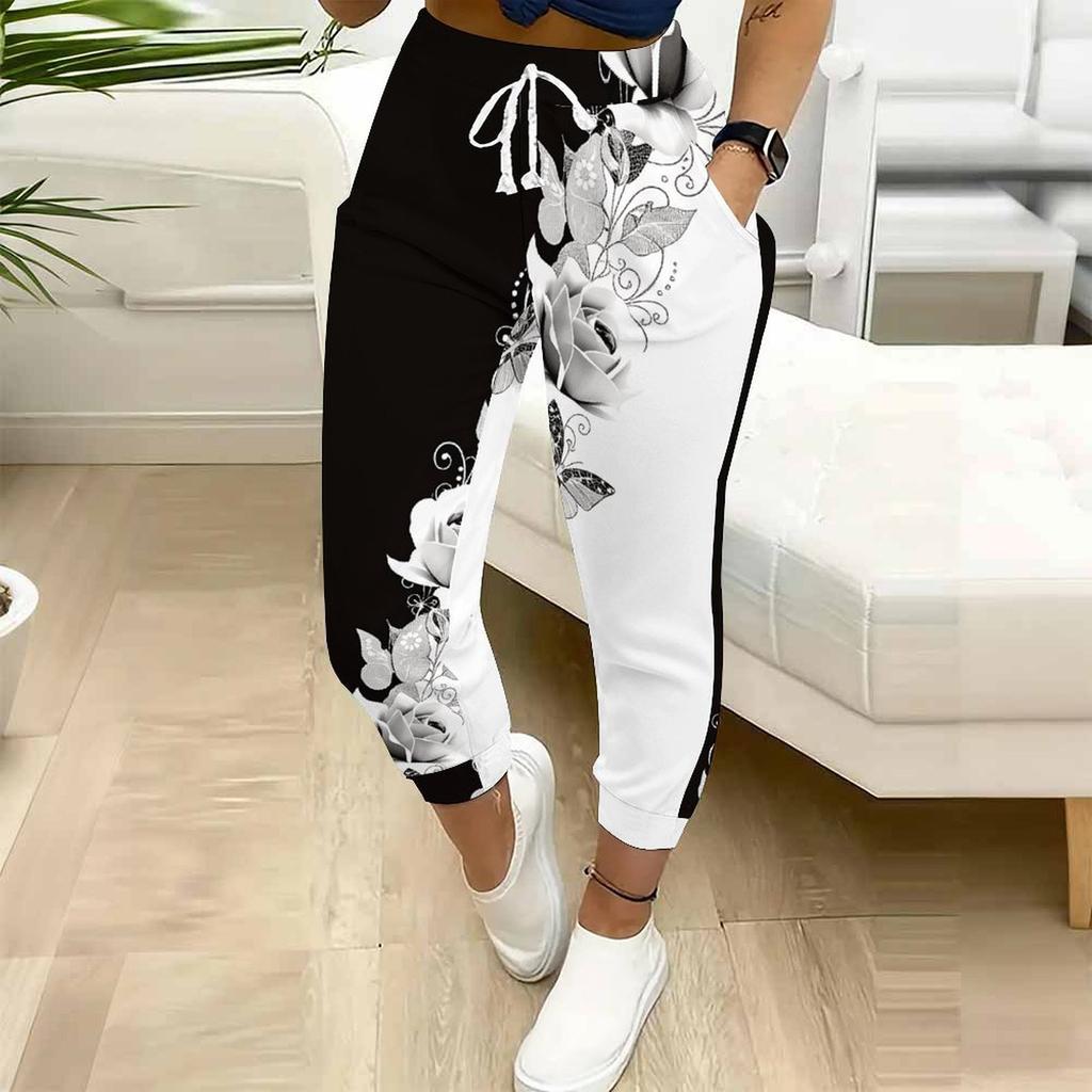 Summer Ladies Abstract Printed Sweatpants Loose Fit Drawstring Joggers Elastic Cuff Daily Casual Pants