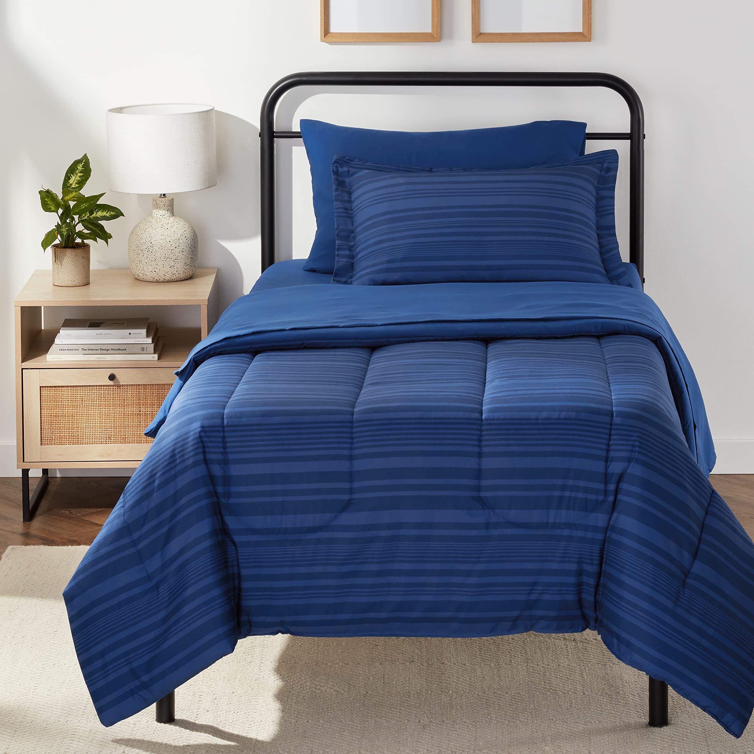 

Amazon Basics Lightweight Microfiber Bedding Set, Blue Calvin Stripe, Twin/Twin XL, 5-Piece Set