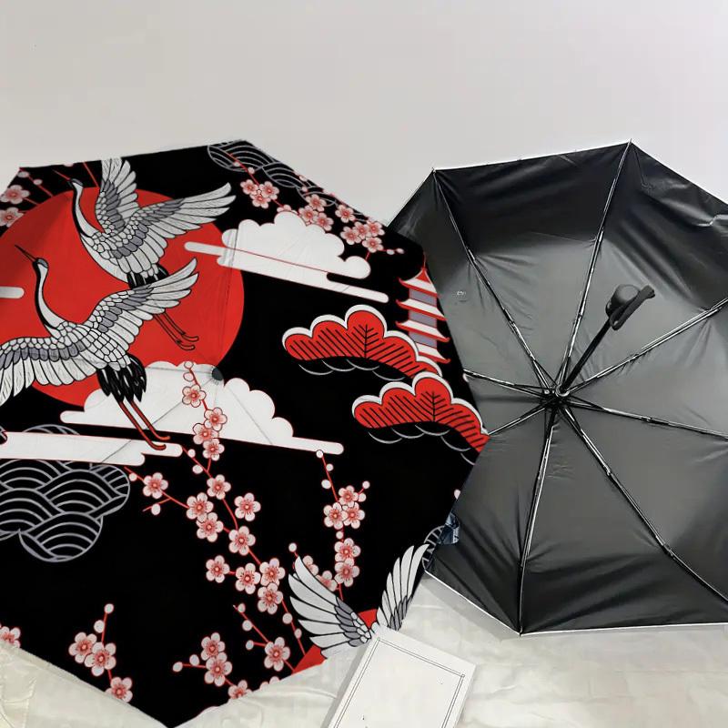 1pc Japanese Cranes Automatic Folding Umbrella, Heavy Duty 8 Rib Iron Frame, Suitable for Travel, Daily Use, Birthday, Decor Gift m0104014