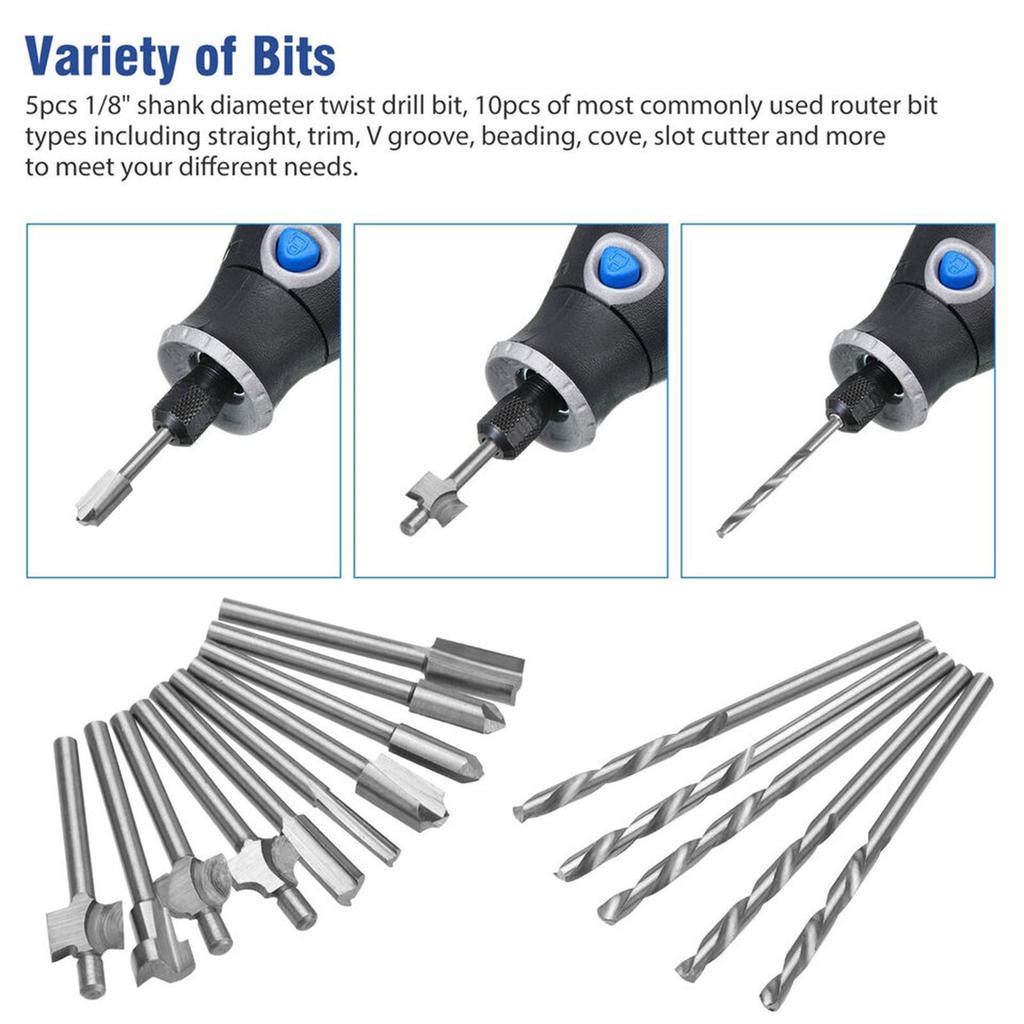 15pcs 1/8" Shank Router Bit Set Engraving Milling Cutter Twist Drill Bits DIY Woodworking Carving Drilling Rotary Tools