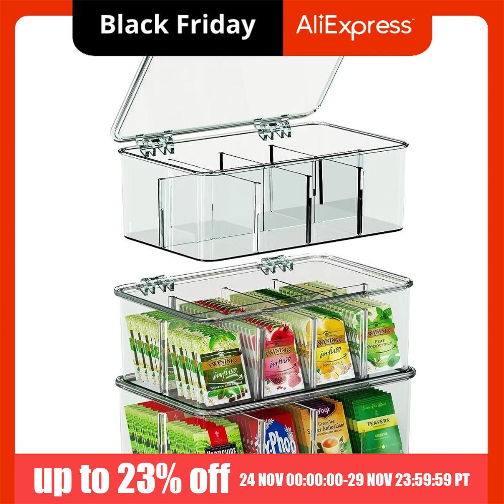 Acrylic Tea Bag Storage Box Organizer with Lid Coffee Bag Compartment Box Stackable Dustproof Transparent Flip Top Storage Box