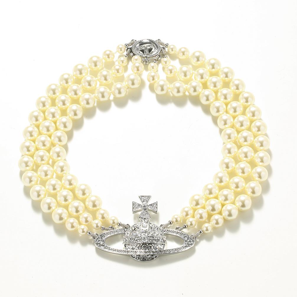 Three-layer Pearl Necklace Queen Mother West Full Diamond Saturn Collarbone Chain Light Luxury Simple Versatile High-end Necklace