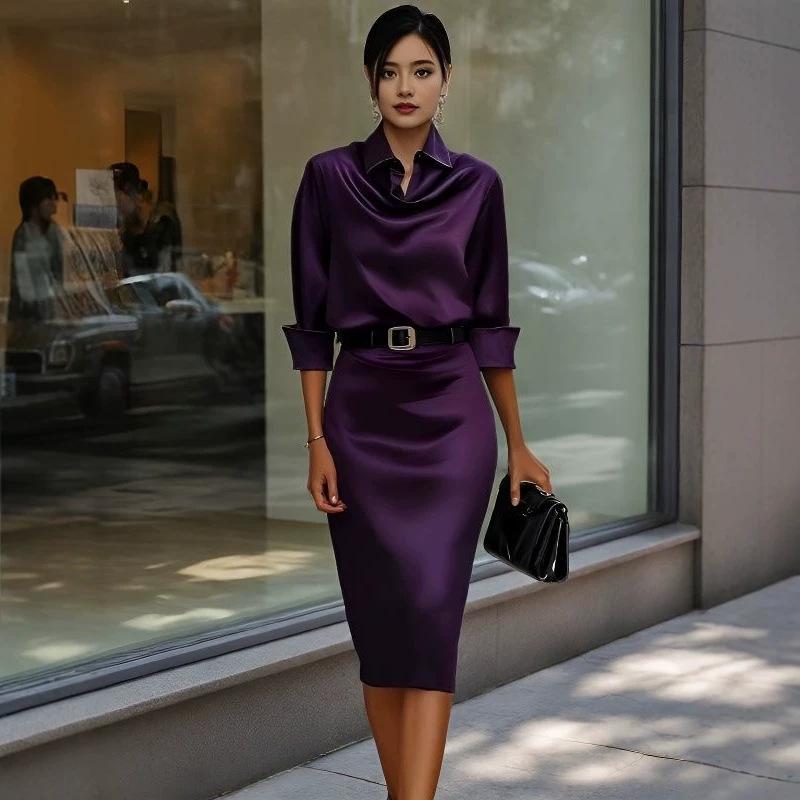 Women's Satin Cowl Neck Long Sleeve Top and Midi Skirt Set Solid Color Elegant Outfit