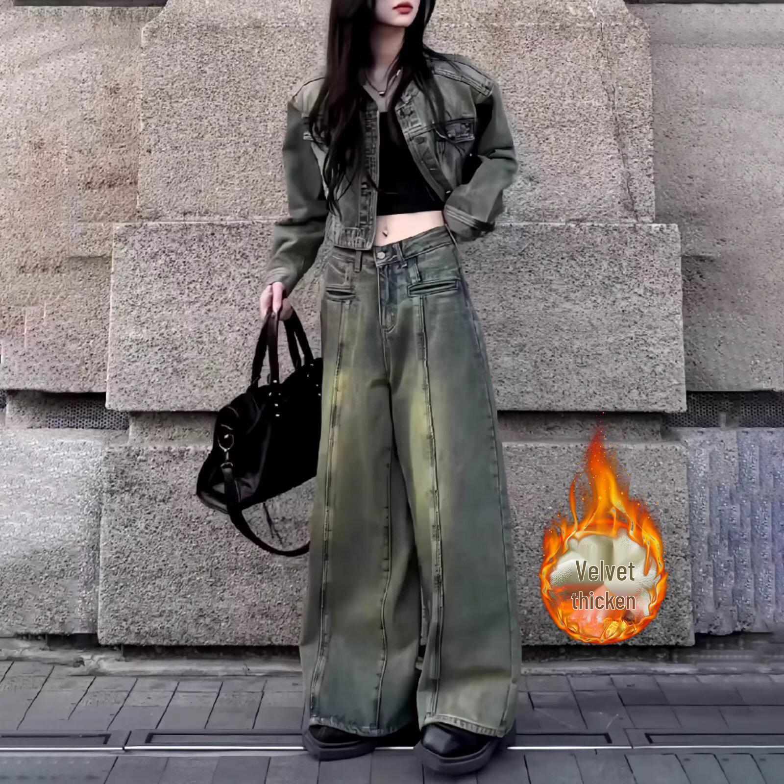Women s Autumn Retro Tie-Up Frayed Hem Wide-Leg Jeans: Versatile Straight Loose-Fit M