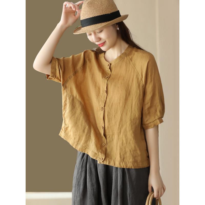 1116 new retro double ramie top women's cardigan summer thin shirt temperament outer shirt