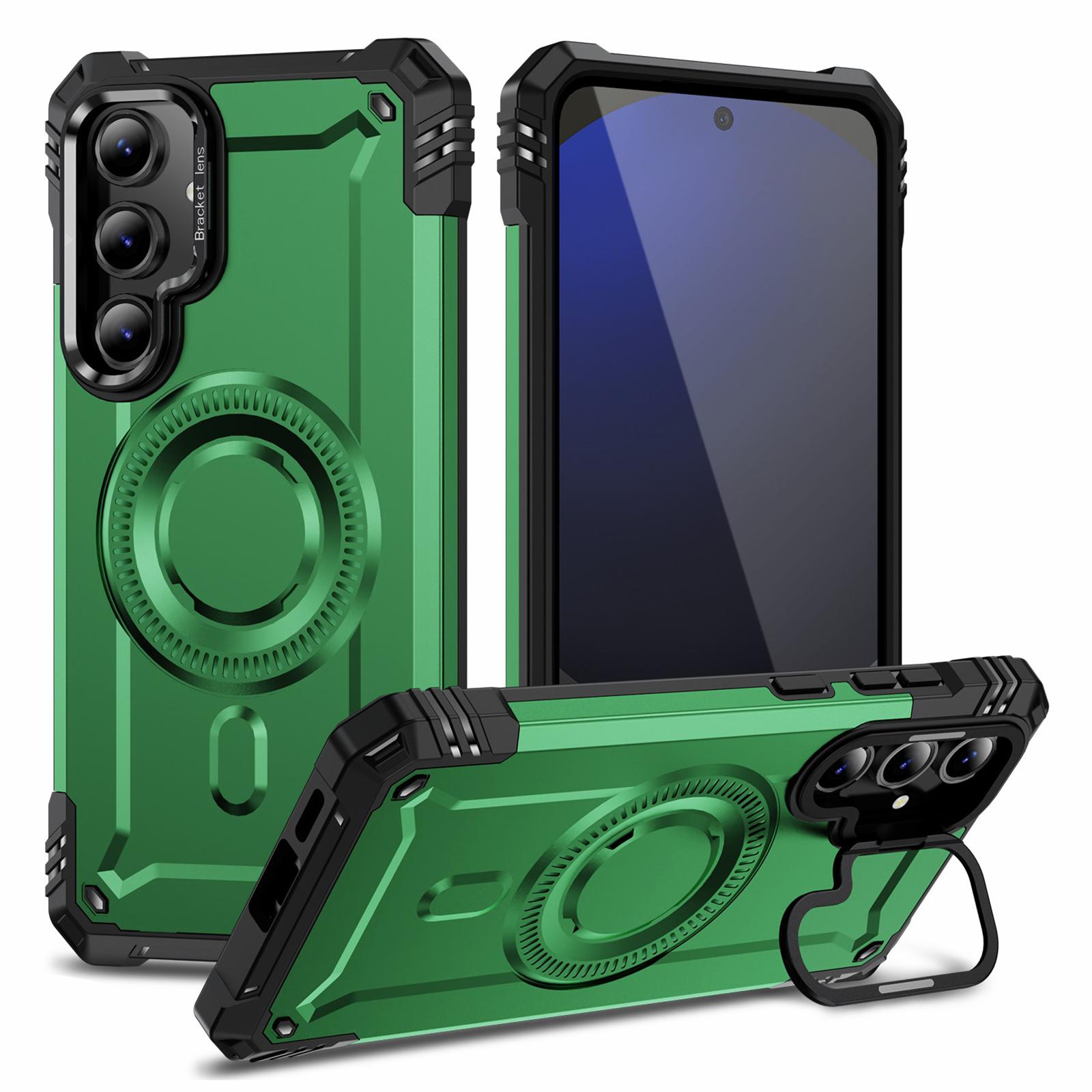 

For Samsung Galaxy S24 FE Magnetic Case Metal Lens Frame Kickstand PC+TPU Mobile Cover G