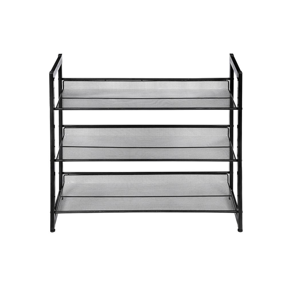 SONGMICS Étagère à chaussures 3 niveaux, Maille d'acier, Étagère à chaussures inclinable ou plate empilable pour 9 à 12 paires de chaussures, Noir