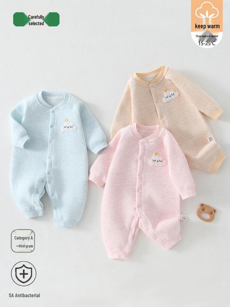 Three-Layer Quilted Baby Romper: Thickened Autumn/Winter Crawling Suit for Newborns, Boys, and Girls.